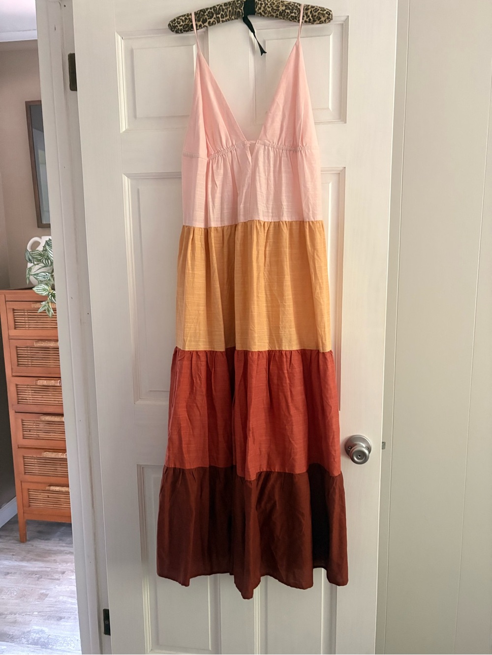 Anthropologie Tiered Colorblock Maxi Dress in Pink, Yellow & Brown